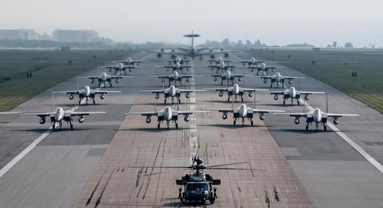 Fully armed aircraft from the US's 18th Wing during a no-notice exercise.