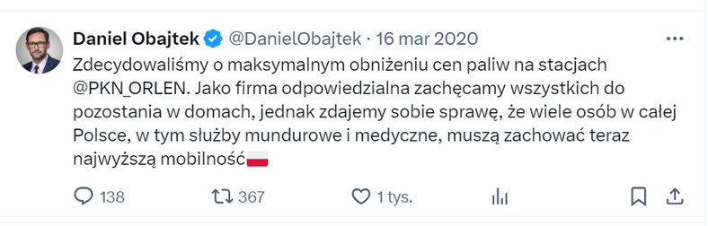 O obniżeniu cen paliw na stacjach Orlenu Daniel Obajtek poinformował 16 marca 2020 r. Źródło: Twitter