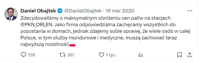 O obniżeniu cen paliw na stacjach Orlenu Daniel Obajtek poinformował 16 marca 2020 r. Źródło: Twitter