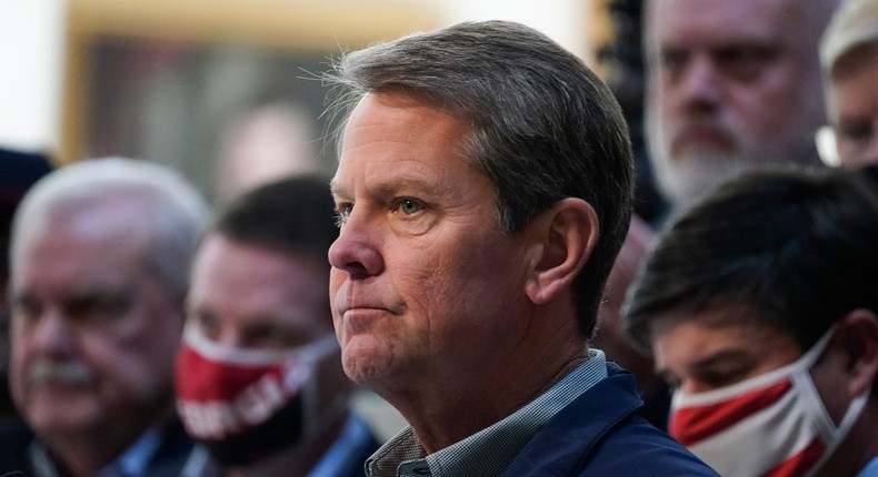 Gov. Brian Kemp (R-Georgia) speaks during an April 3 news conference in Atlanta about Major League Baseball's decision to move the 2021 All-Star Game over the league's objection to the state's new voting law.
