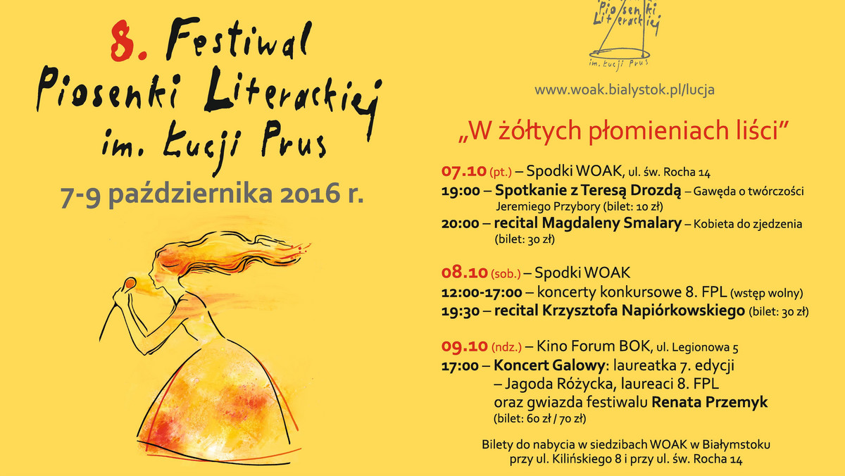 Dzisiaj w Białymstoku rozpoczyna się Festiwal Piosenki Literackiej im. Łucji Prus "W żółtych płomieniach liści". Wystąpi na nim 22 wykonawców. Organizatorem jest Wojewódzki Ośrodek Animacji Kultury.