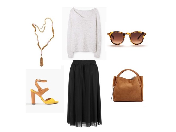 STYLIZACJE z czarną spódnicą: SWETEREK – TATUUM, 179,99PLN SPÓDNICA – CELLBES.PL, 149PLN OKULARY – AM EYEWEAR, 1500PLN NASZYJNIK – CELLBES.PL, 79PLN TORBA – UNISA, 559PLN SANDAŁY – BADURA, 399,99PLN