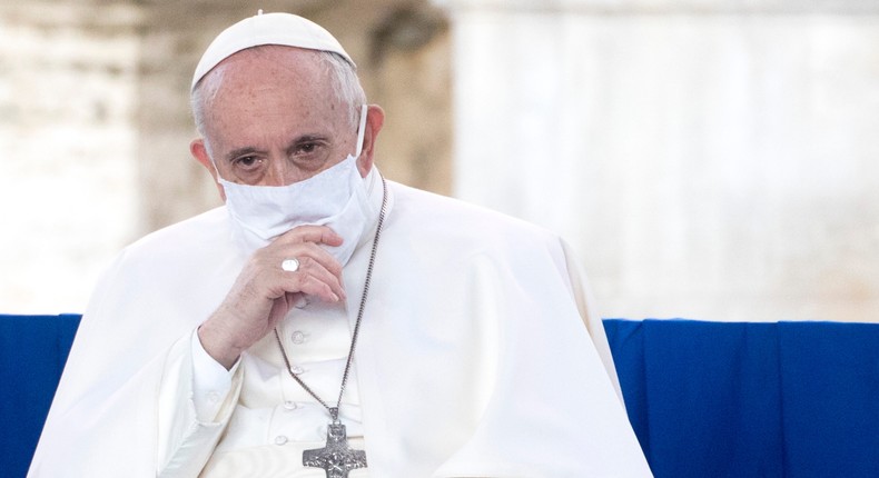 Pope Francis wearing a protective mask attends an international Prayer for Peace initiative at the Capitoline Hill on October 20, 2020 in Rome, Italy.