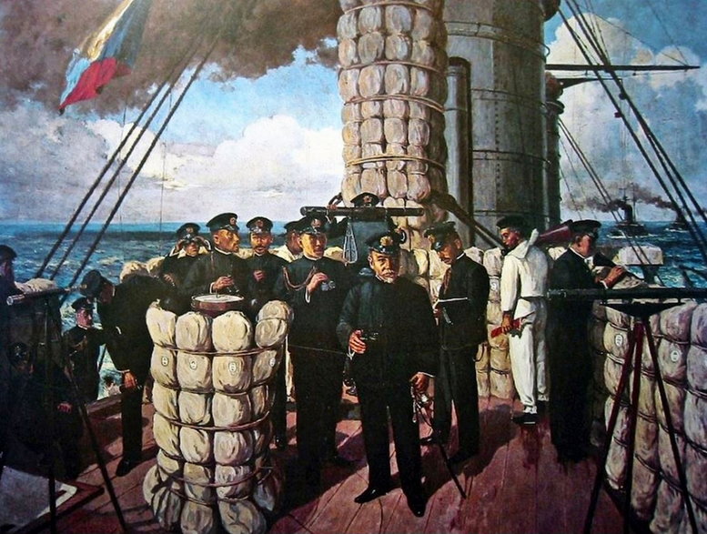 Admirał Togo na mostku flagowego pancernika Mikasa pod Cuszimą