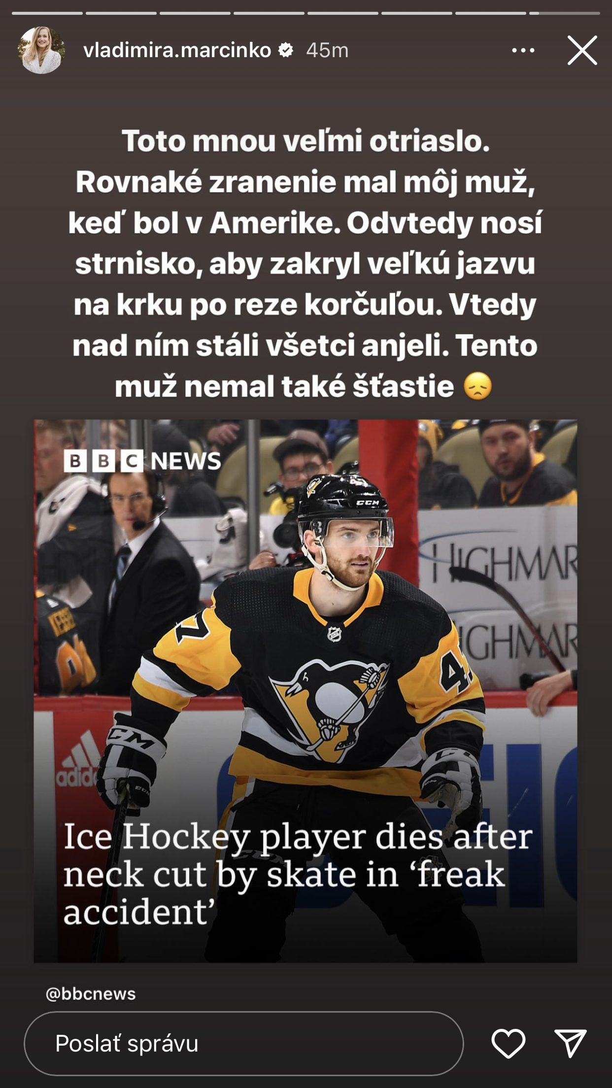 Nešťastná smrť mladého hokejistu vydesila aj poslankyňu Vladimíru Marcinkovú, ktorej manžel je taktiež profesionálny hokejista.