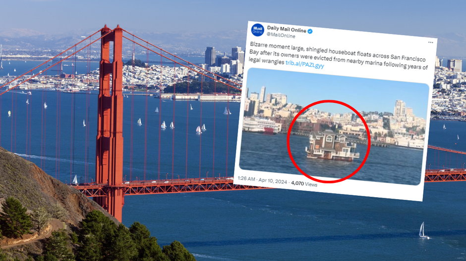 Dwupiętrowa łódź mieszkalna pływająca po Zatoce San Francisco