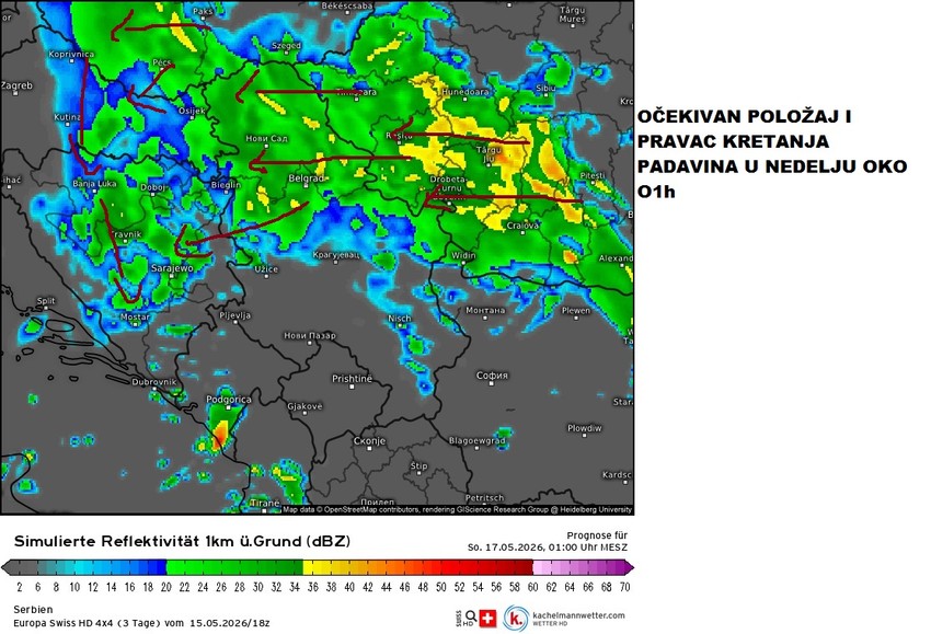 Kretanje padavina u nedelju oko jedan sat posle ponoći