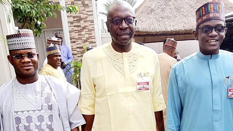 R-L: Gov. Mai Mala Buni, Chairman All Progressives Congress (APC), Caretaker and Extra-Ordinary National Convention Planning Committee, APC governorship candidate in Edo, Pastor Osagie Ize-Iyamu and Kogi state Governor, Yahaya Bello. [Twitter/@DeeOneAyekooto]
