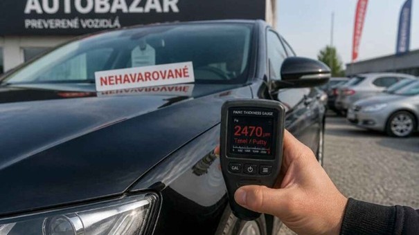 Zdanlivo čisté auto v autobazári s lesklým lakom a ceduľkou „nehavarované“ – v popredí ruka s prístrojom na meranie hrúbky laku odhaľuje silnú vrstvu tmelu pod lakom.