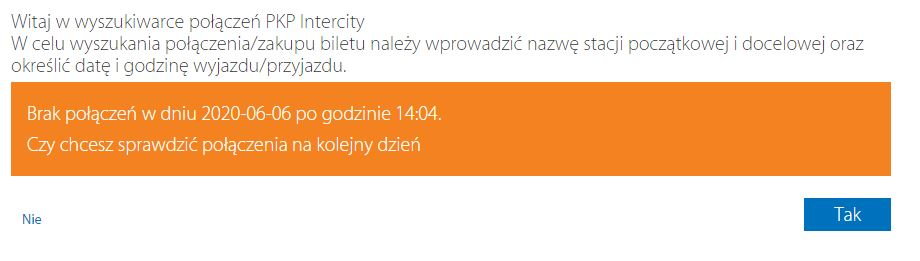 Komunikat w serwisie PKP Intercity po wpisaniu połączenia Kraków-Gdańsk-Kraków w sobotę 6 czerwca br. 