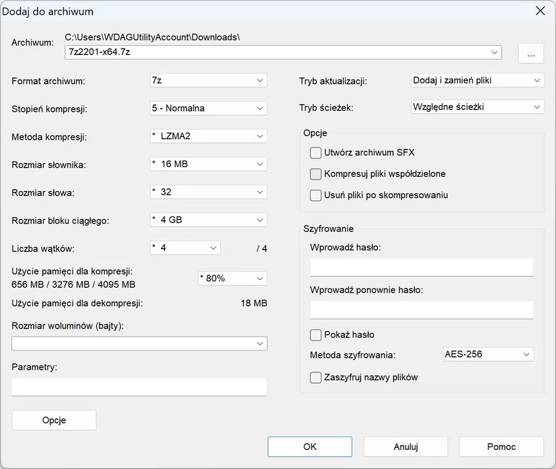 Dostosowywanie opcji szyfrowanie archiwów w 7-Zip