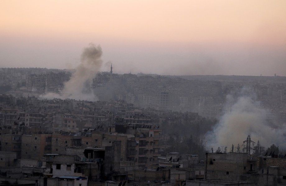 Smoke rises from Bustan al-Basha neighborhood of Aleppo, Syria, October 5, 2016.