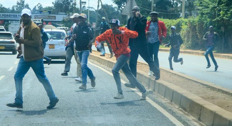 Ex-Mungiki leader Maina Njenga's supporters outside DCI headquarters along Kiambu Road on Thursday, May 25, 2023