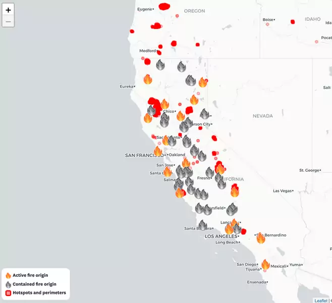 Mapa aktualnych pożarów w stanie Kalifornia