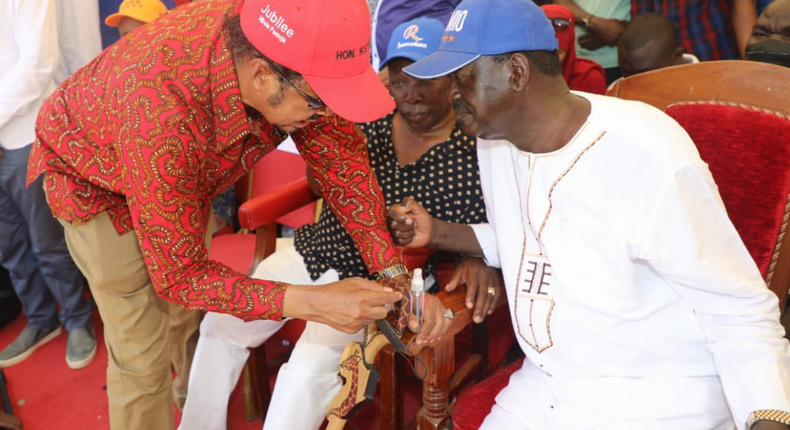 Azimio La Umoja presidential aspirant Raila Odinga with Dr Adan Keynan during a campaign rally in Wajir County on March 9, 2022