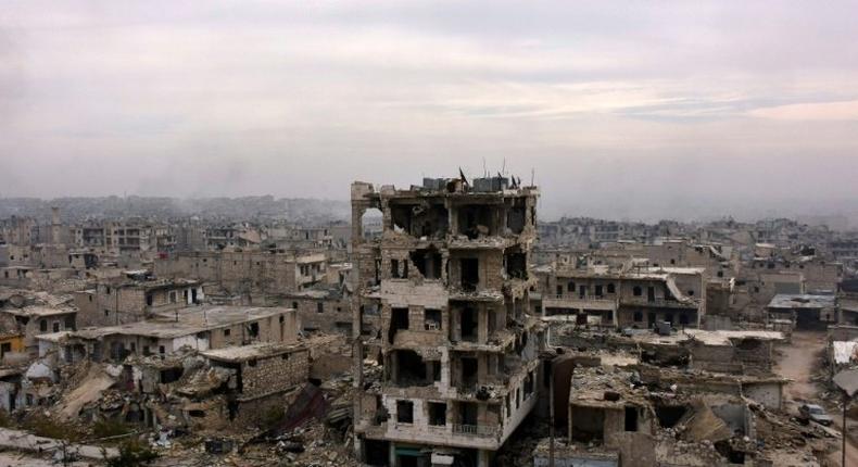 Destroyed buildings in Aleppo's eastern al-Shaar neighbourhood