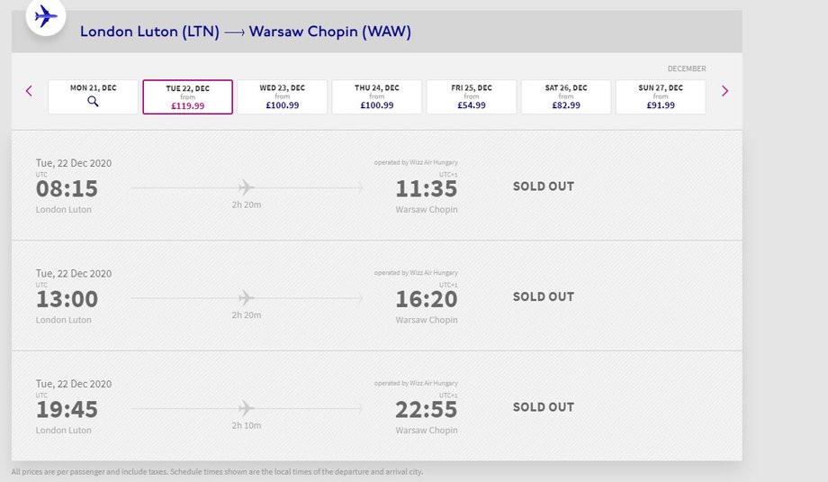 Informacja o wyprzedanych biletach na rejsy Wizz AIr z Londynu-Luton do Warszawy (Lotnisko Chopina). Dane z godz. 15.20. 