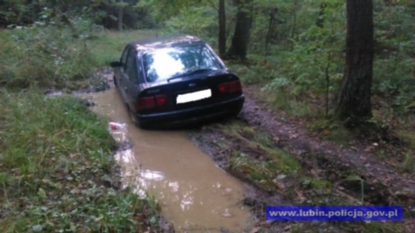 Ford, którym uciekła pijany kierowca utknął na grząskiej leśnej dróżce pod Lubinem