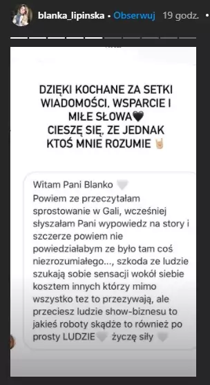 Blanka Lipińska  otrzymała od fanów wsparcie / InstaStories Blanki Lipińskiej