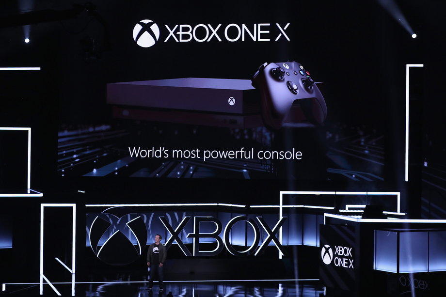 Microsoft gaming boss Phil Spencer introduces the Xbox One X games console as the E3 video game show in 2017.