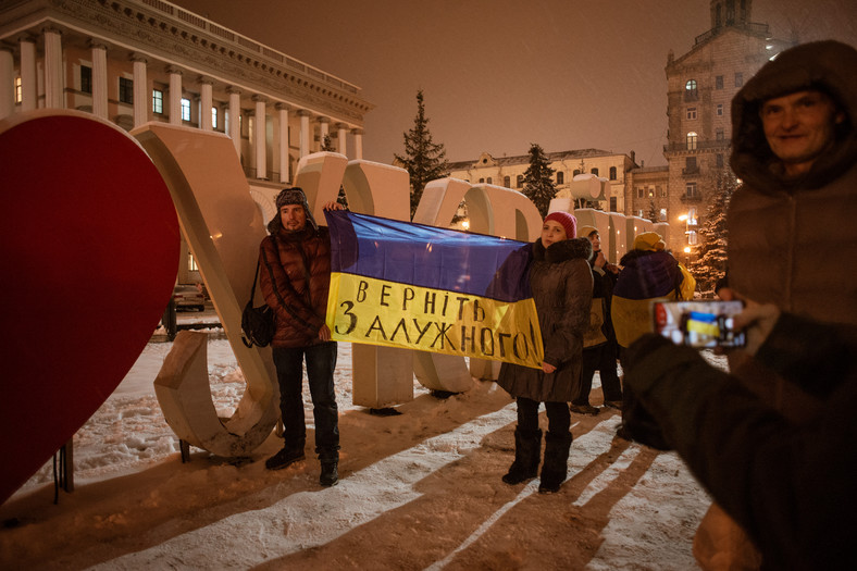 Protesty przeciwko dymisji Wałerija Załużnego w Kijowie, luty 2024 r.