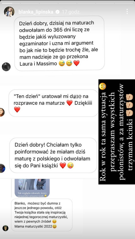 Blanka Lipińska pokazała wiadomości, które otrzymała po tegorocznej maturze z języka polskiego