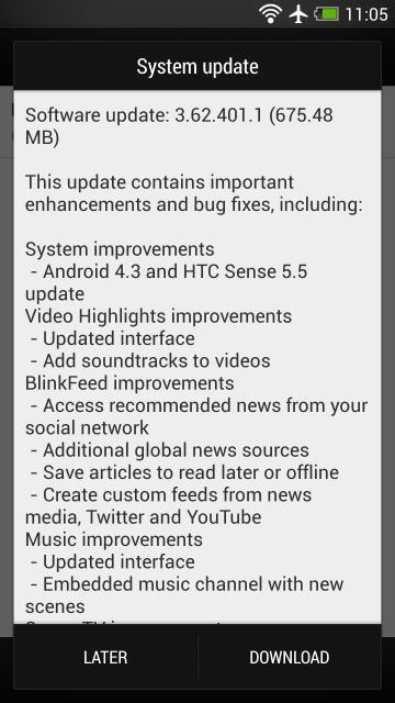 Informacja o dostępnej aktualizacji oprogramowania do Androida 4.3 - pierwsi użytkownicy już mogą pobrać update oznaczony jako 3.62.401.1