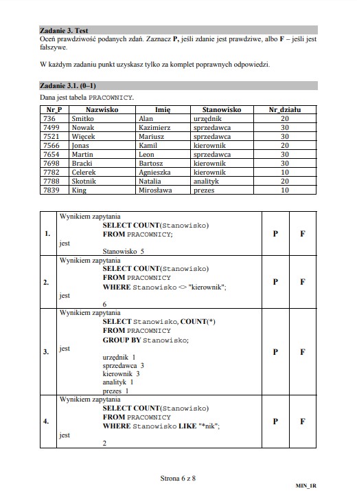 Matura z informatyki - arkusz, cz. I