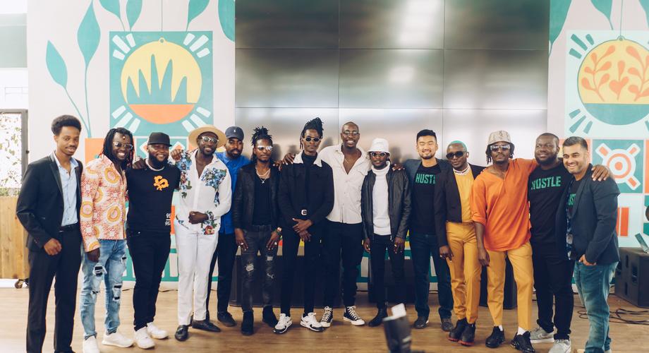 HustleSasa Co-Founders pose for a photo with Creative Co-Founders, Sauti Sol, and other creatives during the company's official launch in Nov 2021 at Nairobi Street Kitchen Photo courtesy KG Brian