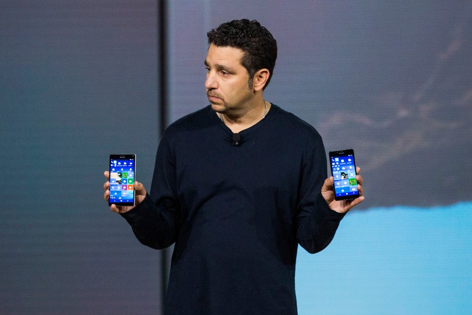 Microsoft hardware chief Panos Panay with the Microsoft Lumia 950 and 950XL phones.