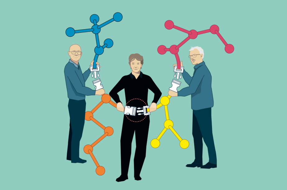Ilustracja zapewniona przez Szwedzką Akademię Nauk, obrazująca koncept chemii klik, zwanej również zastrzaskową. Od lewej: Sharpless, Bertozzi, Meldal.