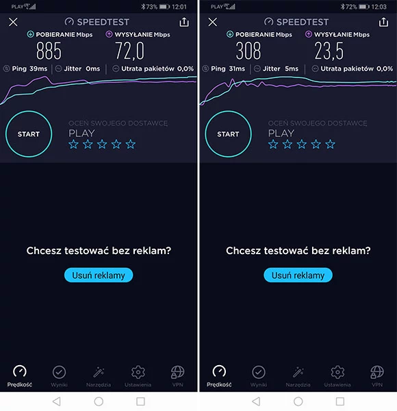 Przykładowe rezultaty uzyskane przez smartfon Huawei Mate 20X 5G pracujący w testowej sieci 5G Play w trybie 5G oraz 4G.