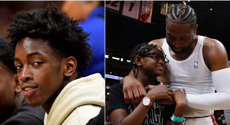 Zaire Wade in 2018, left, and Dwayne Wade with Zaya Wade in 2019, right.