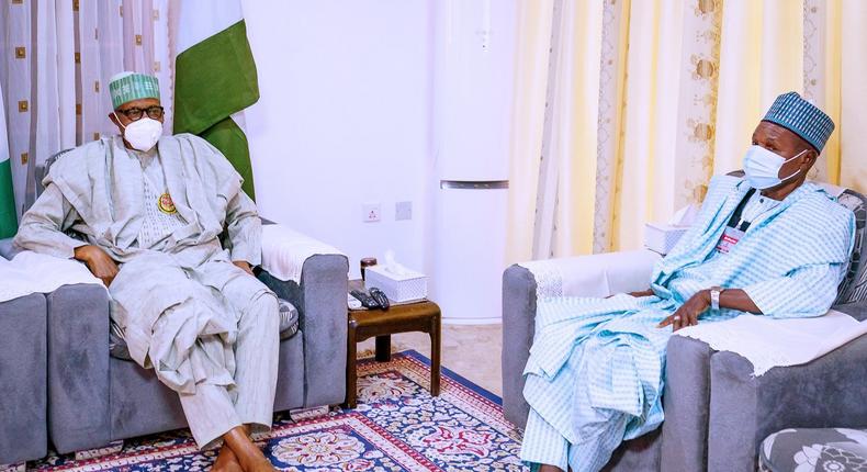 President Muhammadu Buhari (left) with Katsina State governor, Aminu Bello Masari (right) [Presidency]