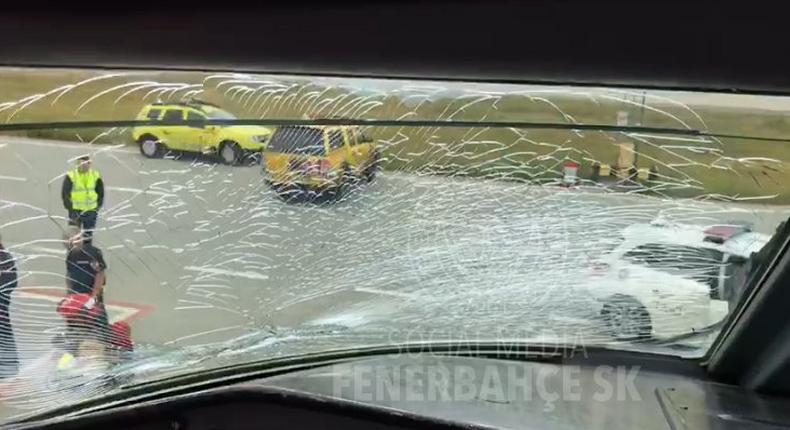 Shattered windscreen of Fenerbache's plane to Manchester 