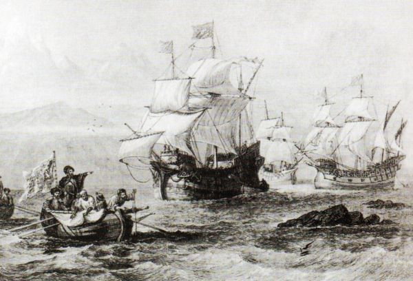 Ferdynand Magellan przepływa cieśninę nazwaną później na jego cześć (domena publiczna).