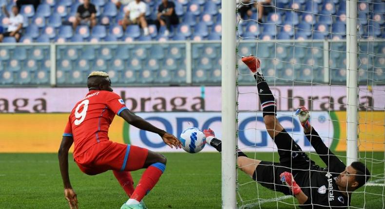 Slice of fortune: Sampdoria goalkeeper Emil Audero had fallen back over his Victor Osimhen's soft shot arrived Creator: ANDREAS SOLARO