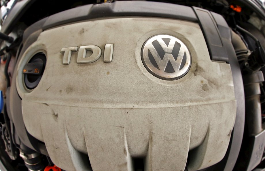 Volkswagen's logo is seen on a TDI diesel engine.