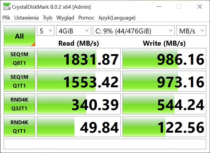 HP Pavilion Aero 13 – CrystalDiskMark 8 – szybkość nośnika SSD