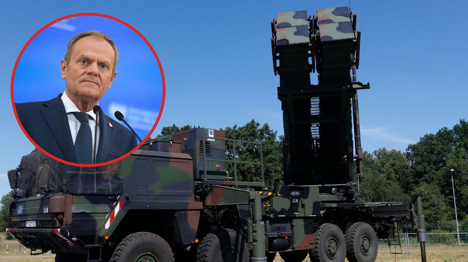 Donald Tusk oraz wyrzutnia systemu obrony powietrznej Patriot