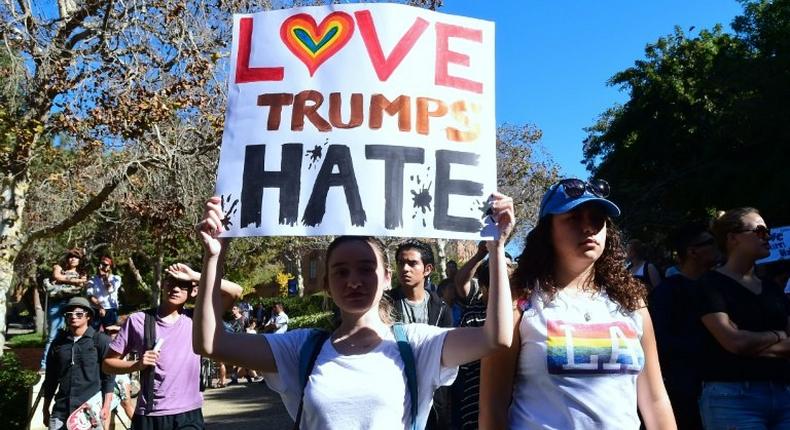 University of California Los Angeles students march through campus during a Love trumps Hate rally