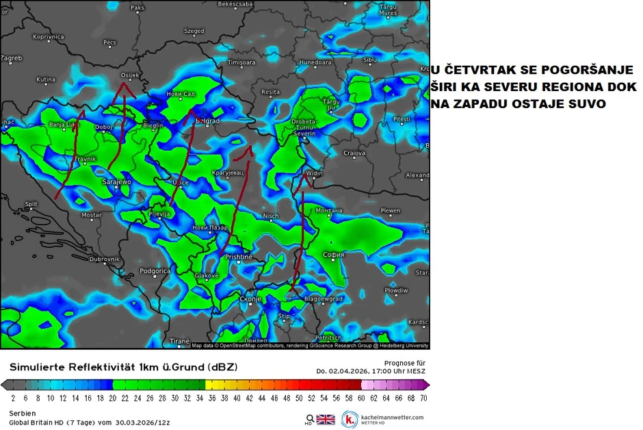 U četvrtak će se pogoršanje vremena proširiti ka severu