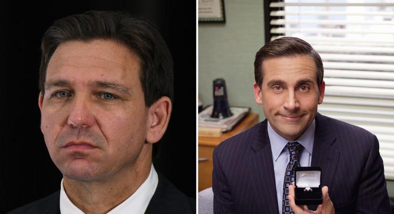 Ron DeSantis and Steve Carell.Paul Hennessy/SOPA Images/LightRocket via Getty Images, Chris Haston/NBC/NBCU Photo Bank via Getty Images