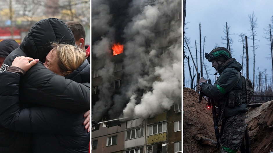 Po lewej i w środku: Kijów po rosyjskim ataku, luty 2024 r., po prawej: żołnierz w Doniecku, luty 2024 r.