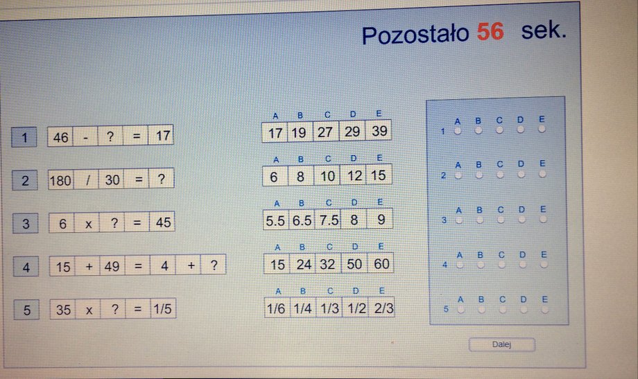 Przykład: Trzeba wykonać proste obliczenia i zaznaczyć właściwą odpowiedź