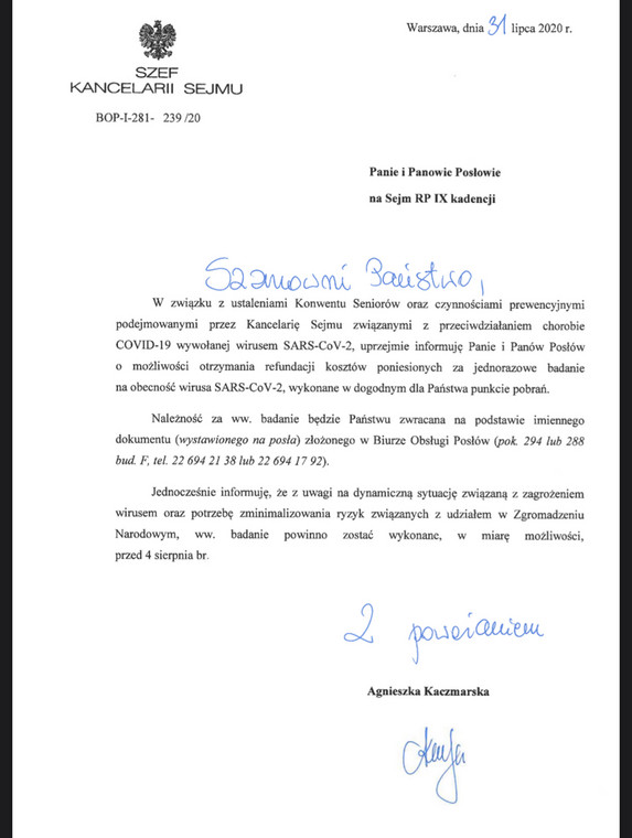 Pismo Kancelarii Sejmu wysłane do posłów 