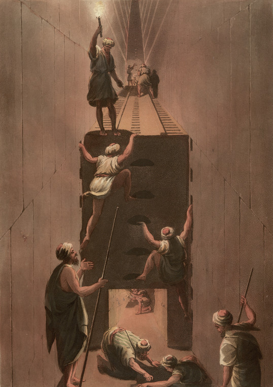 Przejście z drugiej na trzecią galerię w piramidzie Cheopsa w Gizie. Trasę tę prawdopodobnie pokonał też Mikołaj 
Krzysztof Radziwiłł, grafika Thomasa Miltona z 1802 roku.