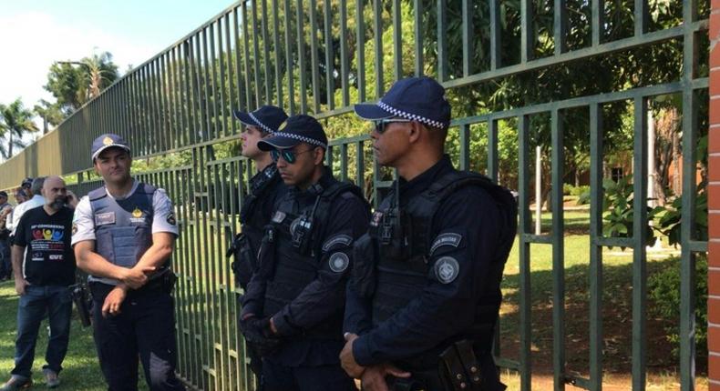 Militarized police outside the Venezuelan embassy in Brasilia, Brazil as supporters of President Nicolas Maduro and opposition leader Juan Guaido vie for control of the diplomatic compound