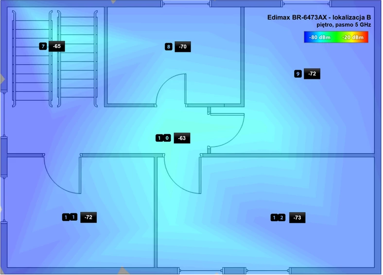 Edimax BR6473AX: Rozkład mocy sygnału sieci 5 GHz na piętrze