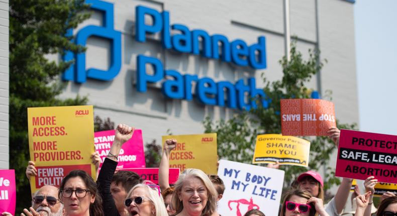 Pro-choice supporters and staff of Planned Parenthood hold a rally outside the Planned Parenthood Reproductive Health Services Center in St. Louis, Missouri, May 31, 2019.